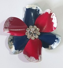 Vintage Metal Flower Brooch w White Rhinestone Center & Red Blue White Petals