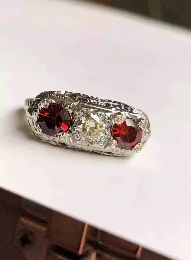 14k White Gold FN Round Cut Lab Created Diamond Art Deco Style Anniversary Ring