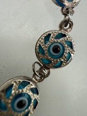 ESTATE STERLING SILVER SWIRL EVIL BLUE EYE BEAD GOOD LUCK LINK BRACELET