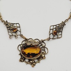 Czech Glass Art Nouveau Deco Flower Motif Brass Festoon Bib Amber Citrine 15 In