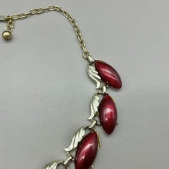 Vintage Burgundy Marquise Cabochon Gold Tone Necklace Clip On Earrings Set