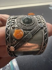 Vintage Indian Bohemian Cuff Bracelet with Natural Gemstones. Silver Tone