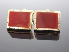 Vintage Gold Tone Red Stone Rectangular Cufflinks Mid Century Style