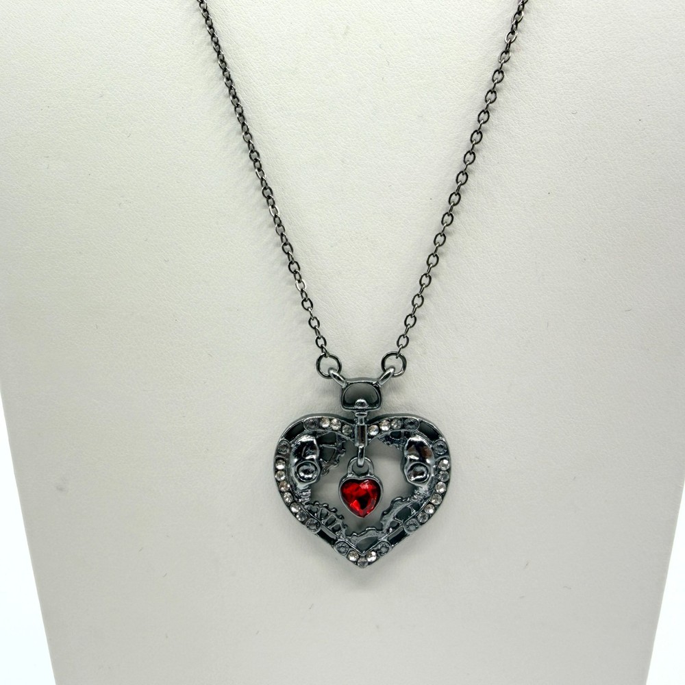 Vintage Gothic Steampunk Heart Pendant Necklace Gunmetal Tone Red Skulls Gears