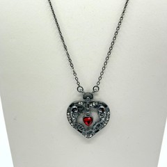 Vintage Gothic Steampunk Heart Pendant Necklace Gunmetal Tone Red Skulls Gears