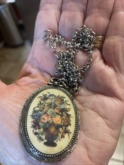 Faux Needlepoint Oval Pendant Necklace – Signed Coventry Vintage Silver Toned