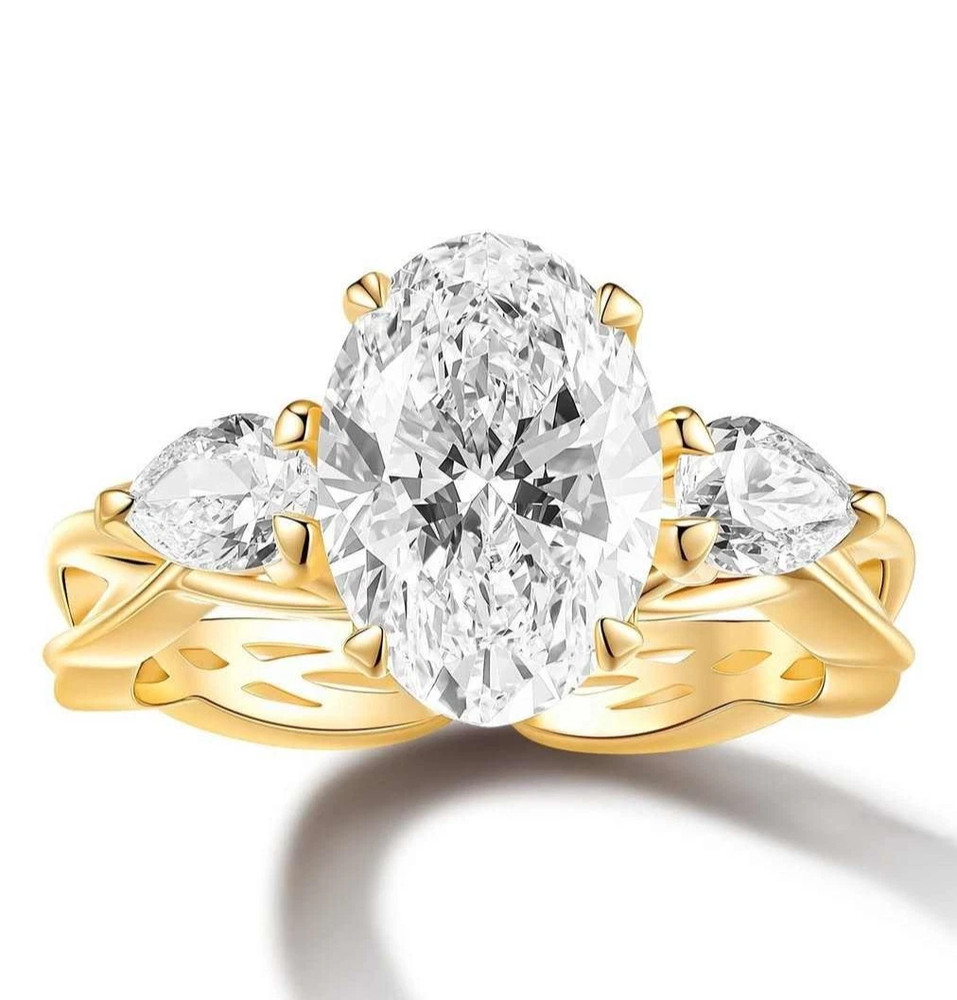 Oval & Pear Cut 4.95CT White Moissanite Women’s 3 Stone Ring 10K Yellow Gold FN