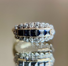 Antique 14K Gold Sapphire & Diamond Saddle Ring Victorian Edwardian Estate 7.25