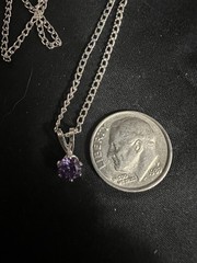 Vtg 18K White Gold Plated Amethyst Solitaire Pendant Chain Necklace 18”