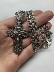 Solid 925 Sterling Silver Large Pectoral Cross Pendant & 64cm Chain 36.9g