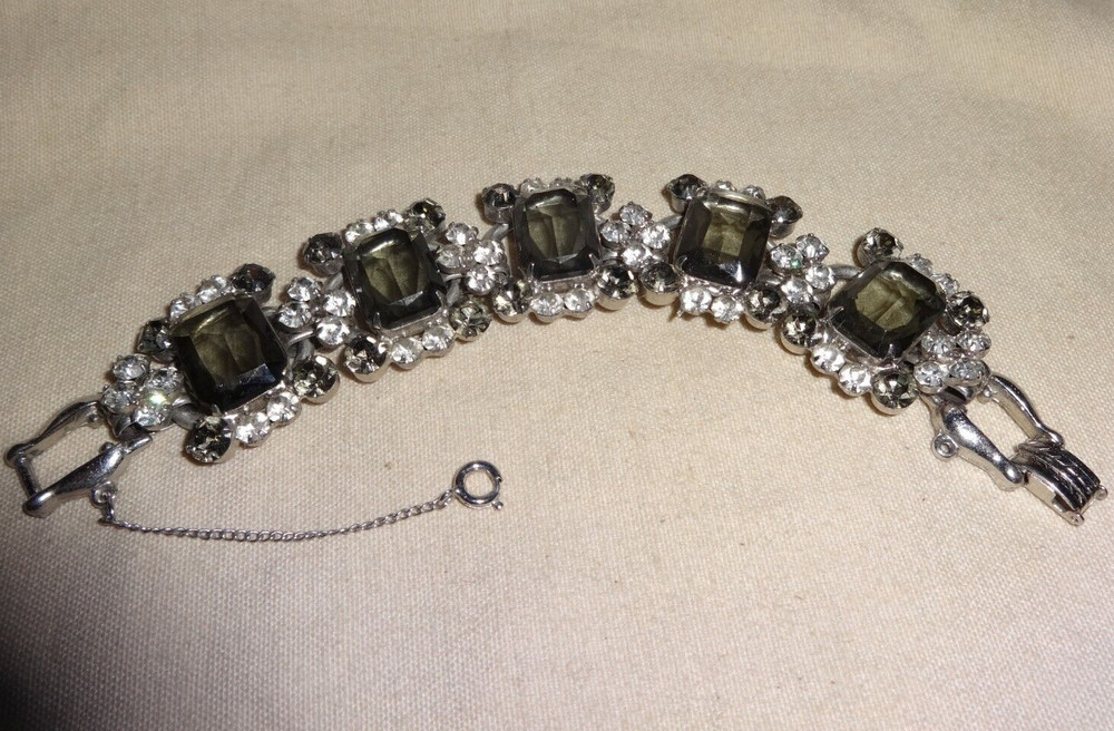 Juliana D&E Delizza Elster 5 Link Emerald Cut Clear Rhinestone Bracelet 7″ #8115