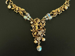 Vintage Kirks Folly Cherub Stars Crescent Moon Angel AB Crystals Necklace 16-20″