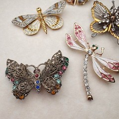 Vintage Butterfly Dragonfly Brooch Lot 5pc Enamel Rhinestone Figural Mix