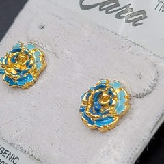 Vintage Cara Blue Enamel Flower Studs Pierced Earrings New Old Stock NOS 3/8″
