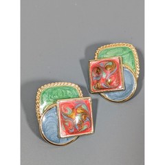 Vintage Enamel Color Block Earrings Blue Green Swirl Geometric Memphis Style
