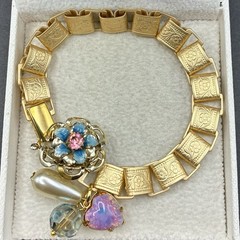 Vintage Faux Opal Heart,AB Bead & Pearl Charms,New Victorian Book Chain Bracelet