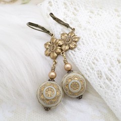Gold Flower Dangle Earrings: Vintage Style Acrylic Pearl Bead Handmade Jewelry