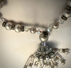 Vintage Long Faux Pearl Flapper Necklace/Crystals/Roundels w/Rhinestones/Tassel