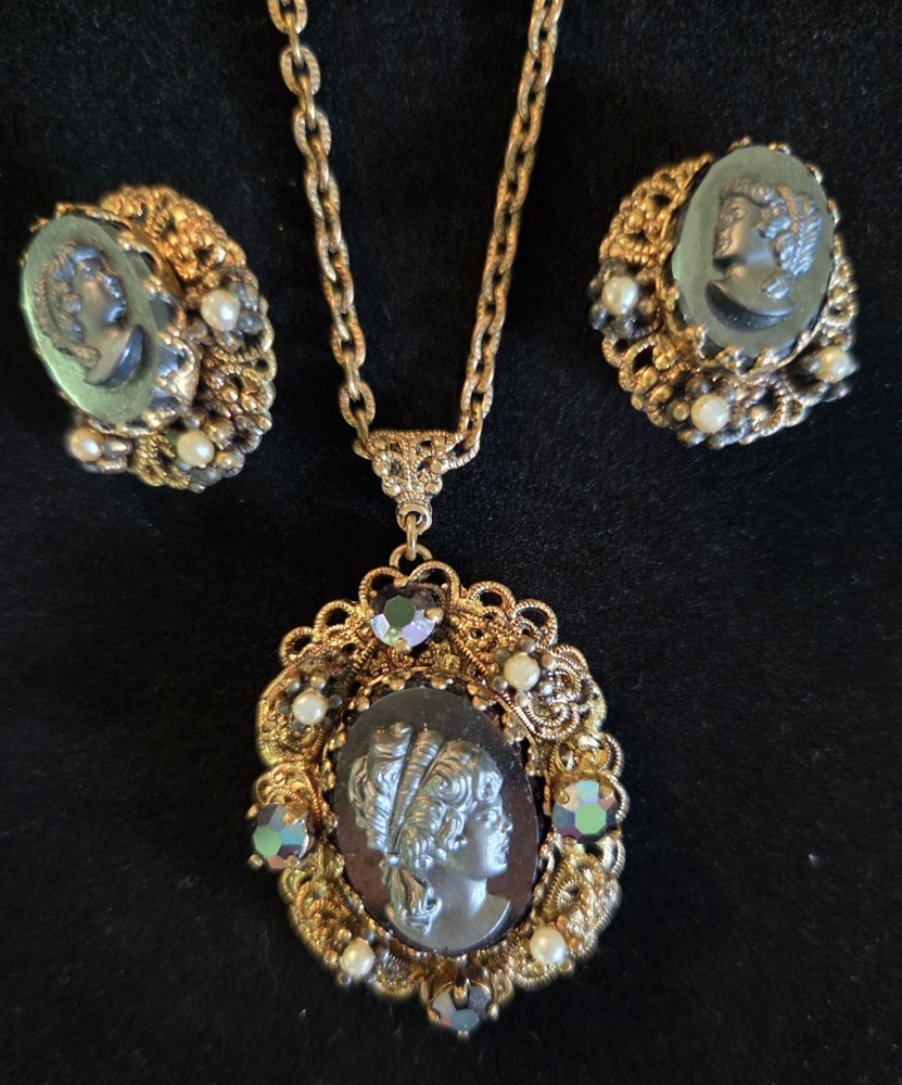 Vintage W Germany Black Cameo Necklace & Clip Earrings Filigree Parure Set