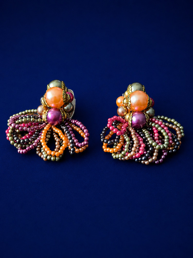 Vintage 1980s Beaded Clip On Earrings Colorful Pearl Fringe Statement Earrings G