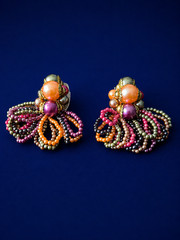 Vintage 1980s Beaded Clip On Earrings Colorful Pearl Fringe Statement Earrings G