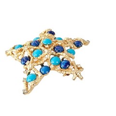 MANDLE Blue Floss Glass, Turquoise Glass Stone Cab Star Brooch Signed, L195
