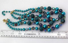 Vintage 50s Vendome Triple 3 Strand Aqua Blue Teal Marbled Bead Necklace