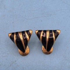 Vintage MONET Clip On Earrings with Black Enamel and Gold Triangles .5 inches