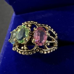 Vintage Pastel Blue Pink Green Costume Ring Gold Electroplate Marked SETA Sz 10