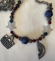 Marcie Signed 27” Pewter Charm & Beads Necklace PATRIOTIC Angel Picnic Sunflower