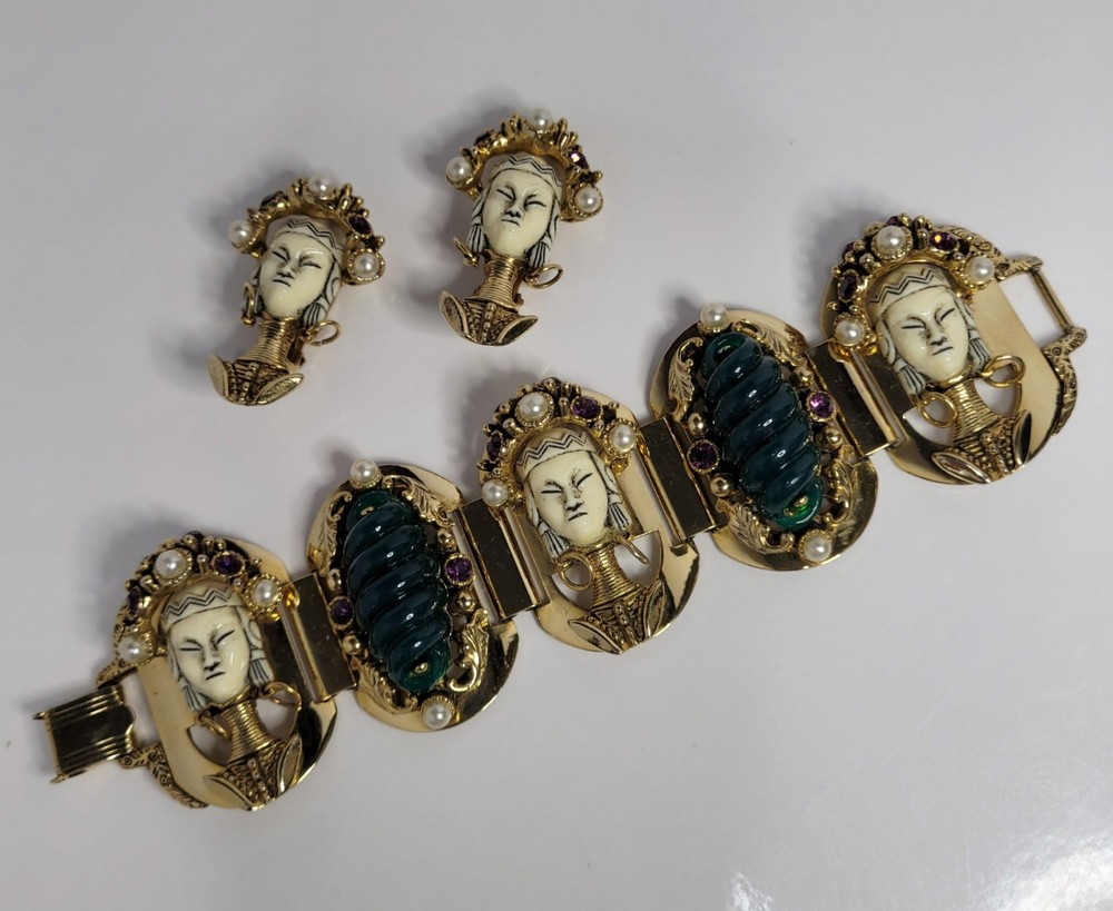 Selro Selini Asian Princess Bracelet + Earrings Set wide panel vintage rare