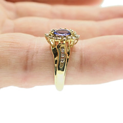 14k Solid Yellow Gold Natural Tanzanite and Diamond HALO Ring Size 6.75