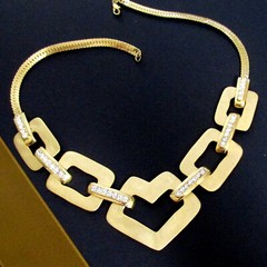 VTG RUNWAY GEOMETRIC SATIN GILT PAVE RHINESTONE MODERNIST/DECO NECKLACE CHIC