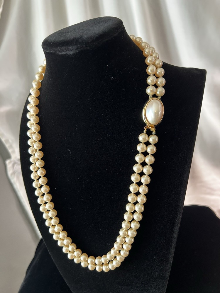 Vintage Double Strand Faux Pearl Necklace Mabe Cabochon Clasp 10mm 107.52g