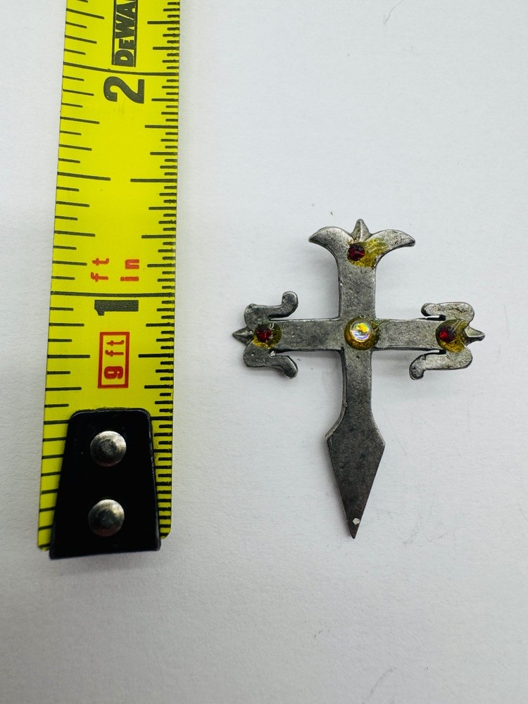 Gallo Pewter Cross Pendant 2 Inch Red & Clear Rhinestones Vintage