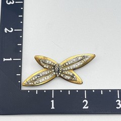 Vintage Bow Brooch Gold Tone Rhinestone Trombone Clasp AS IS 2.5″