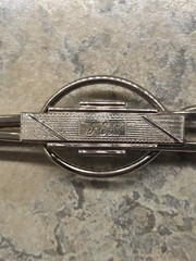 Antique Silver Tone Art Deco Tie Bar Engraved “TEL” Pre 1920 w/Faux Lizard Case