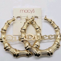 QUEEN Bamboo Hoop Earrings Pincatch 80’s Style Hip Hop Designer 3.5 in