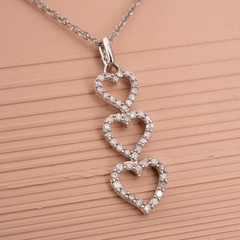 Pave Sterling Silver 925 CZ Triple Heart Drop Pendant Necklace 18 in Delicate