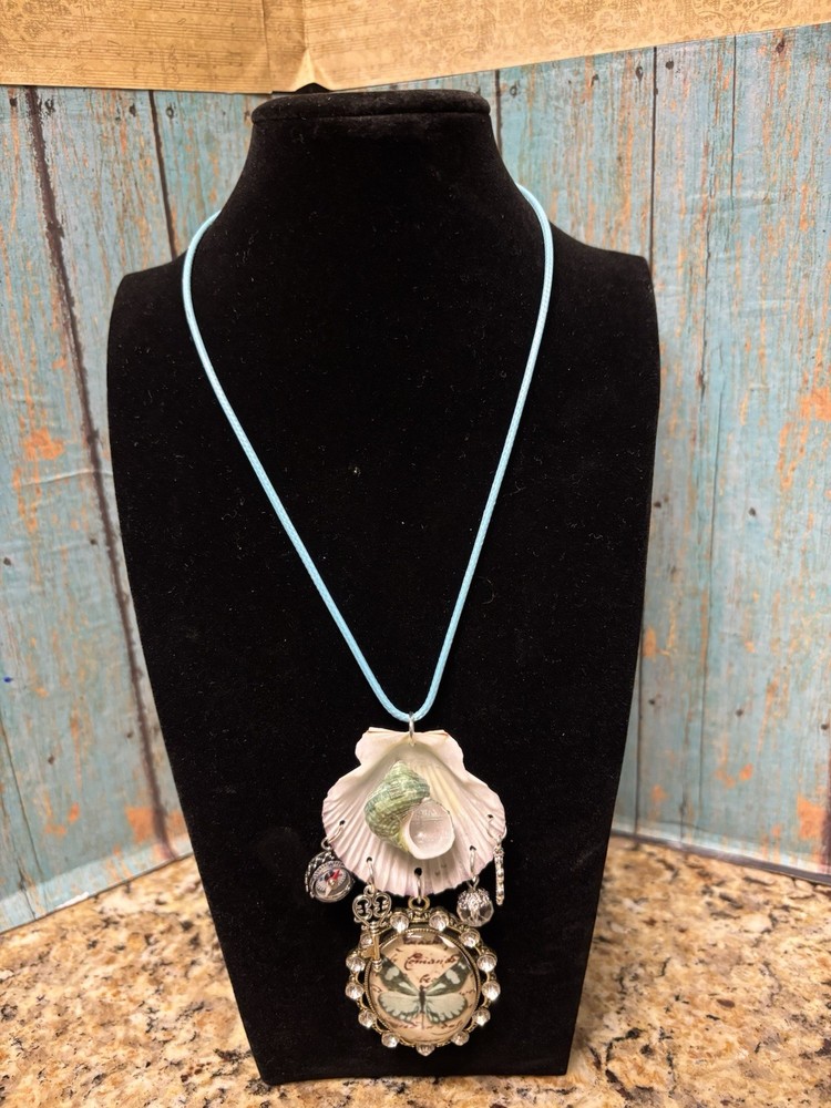 OOAK Handmade Whimsical Necklace Seashell Funky Butterfly Ocean Treasure Artisan
