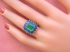 ESTATE ART DECO 2.30 ct EMERALD 4 ctw SAPPHIRE DIAMOND PLATINUM COCKTAIL RING