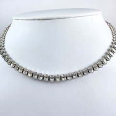 Vintage TRIFARI Signed Oval Rhinestone Silver Tone Tennis Necklace 16.5″