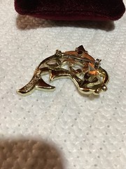 Vintage Signed Gerry’s Gold Tone Fish Brooch With Green Rhinestone Eye