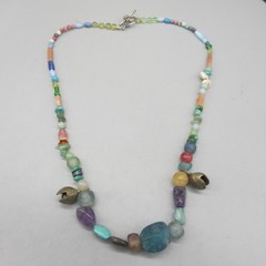 Vintage Stone Necklace Beaded 2 Bells Multicolor 24 Inch