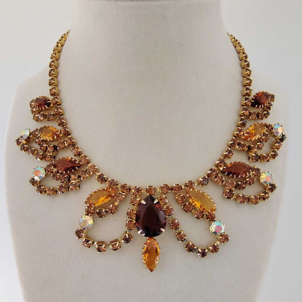 Juliana DeLizza Elster Topaz Amber Rhinestone Bib Necklace Statement Choker Rare