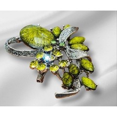 Vintage Style Lime Green Floral Brooch Silver Tone Rhinestone Botanical Pin