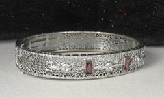 1920s Deco Filigree Bracelet JH PECKHAM Hinged Bangle Amethyst Paste Rhodium