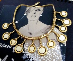 VTG Runway Rare Etruscan MONET Bib Necklace Dangle Sliding Charm White Enamel GP