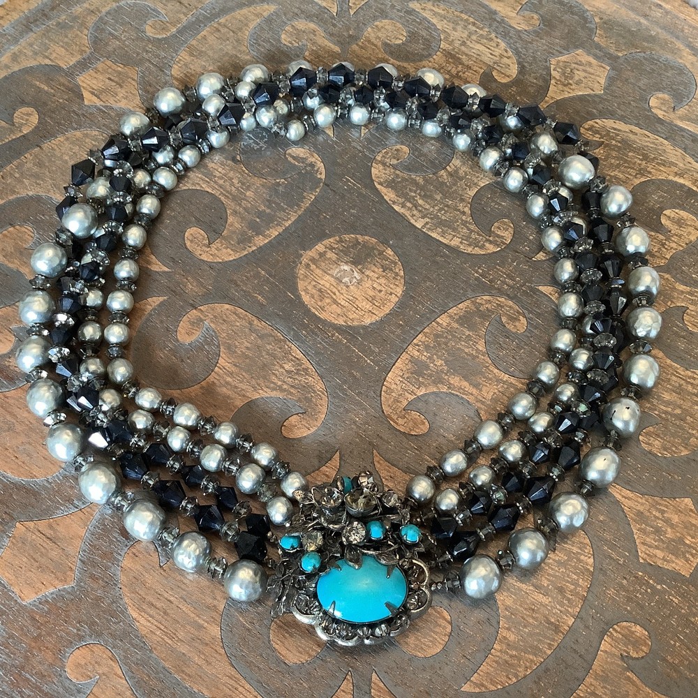 Vintage Miriam Haskell Baroque Pearl Turquoise Rhinestone Crystal Clasp Necklace