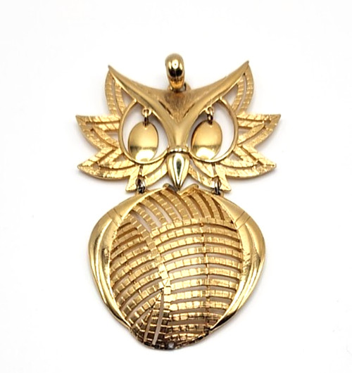 Alan Signed Vintage Owl Pendant Necklace Gold Tone 3.5in Retro Modernist Jewelry